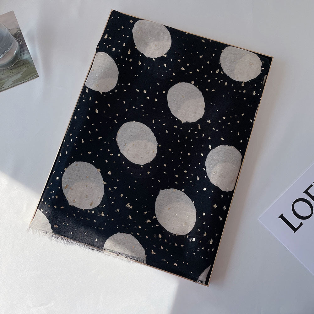 Elegant Black Color Polka Dot Printed Bronzing Color High Quality Imported Long Soft Party Hijab / Orna
