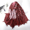 Elegant Burgundy Color Floral Printed Super Soft Long Summer Friendly Tassel Hijab / Orna