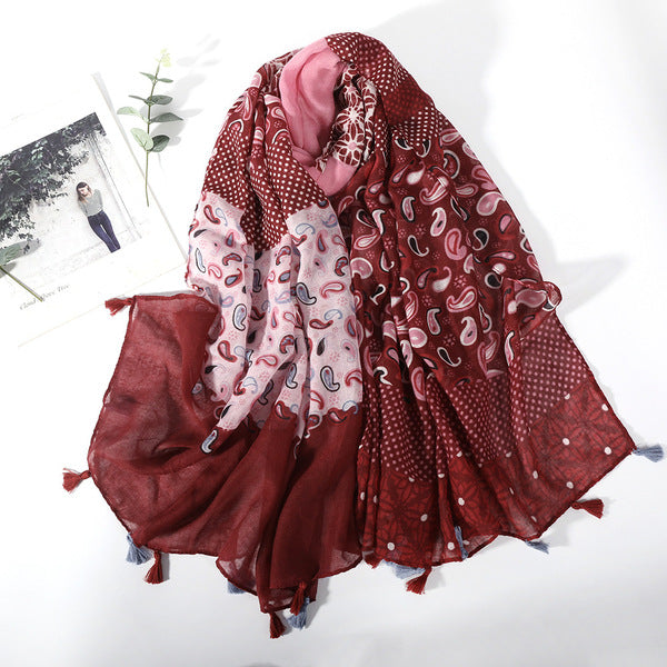 Elegant Burgundy Color Floral Printed Super Soft Long Summer Friendly Tassel Hijab / Orna