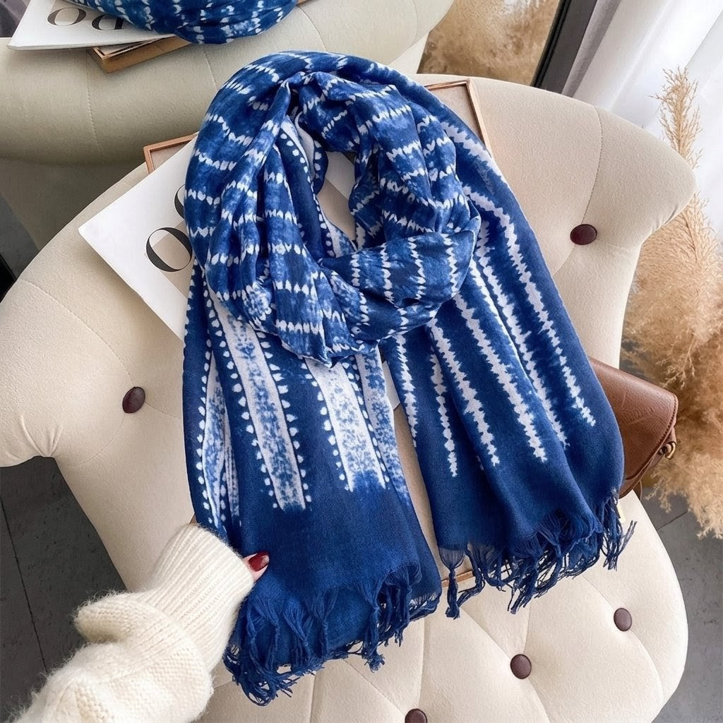 Ethnic Tie-Dye Style Buckle Women's Travel Sun Protection Yunnan Blue and White Literature Art Chinese Big Size Scarf / Hijab