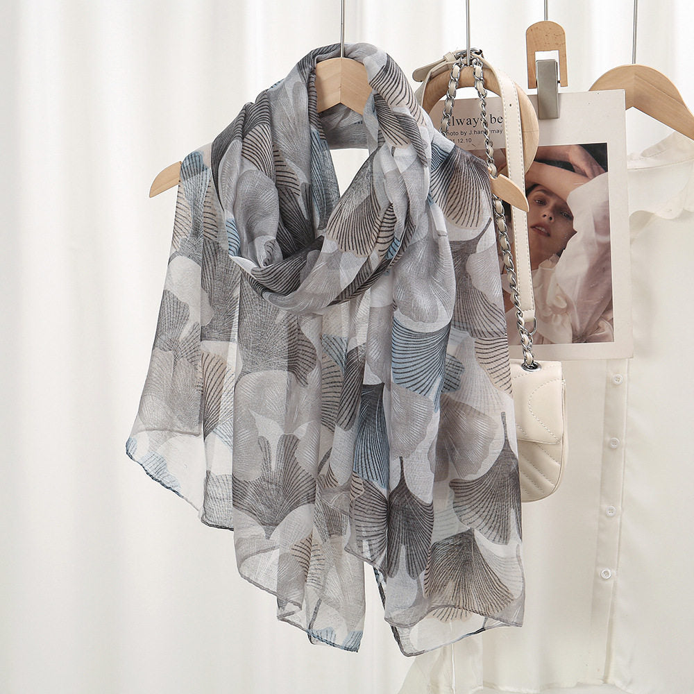 Classy Grey Imported Gingko Leaf Printed Soft Summer Friendly Long Hijab / Orna
