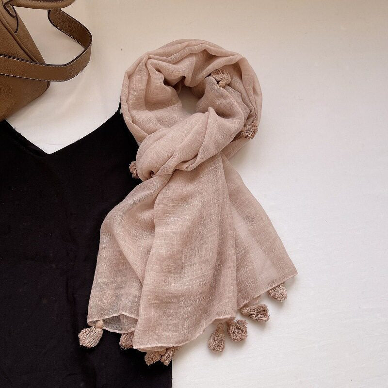 Pretty Nude Pink Fringed Vintage-Style Imported Super Soft Long Summer Friendly Tassel Cotton Hijab / Orna