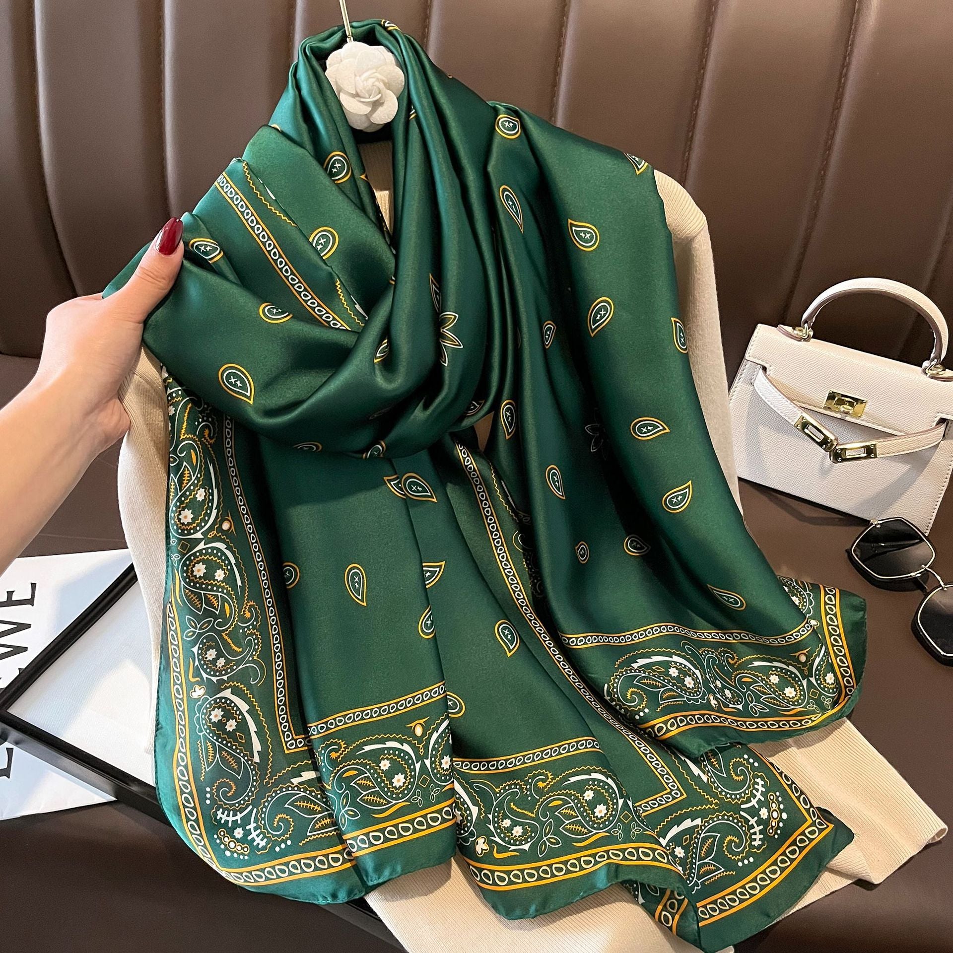 Elegant green colour floral printed silk hijab