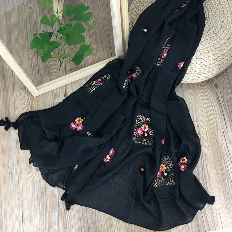 Black color embroidered cotton tassel hijab