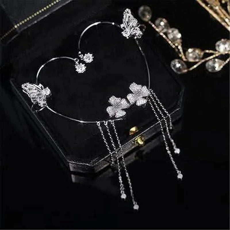 Sparkling Silver Color Crystal Flower Ear Cuff Without Piercing Clip Earrings Irregular Tassel Ear Clip ( 1 pair)