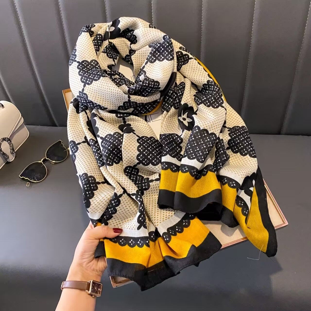 Stunning Cream & Mustard Yellow Vintage Geometric Imported Summer Friendly Hijab /Orna