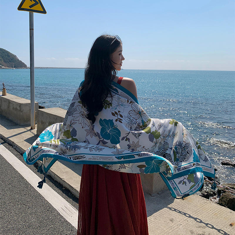 Beautiful Turquoise Blue Ethnic Style Floral Printed Soft Long Summer Friendly Tassel Hijab / Orna