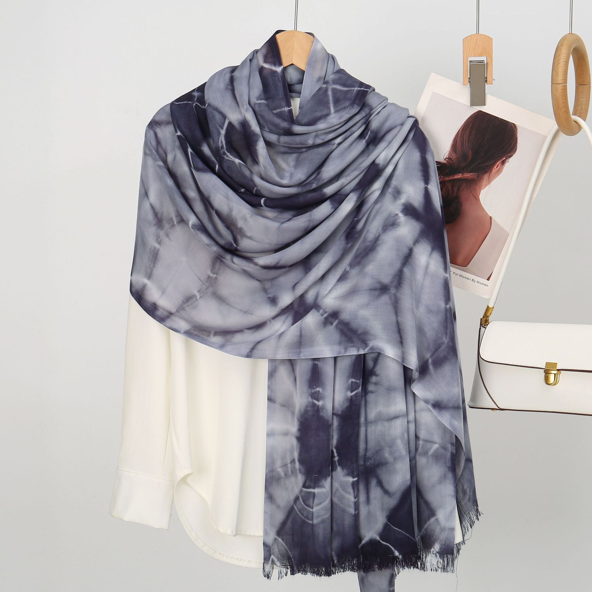 Elegant Smoke Black High Quality Tie-Dye Rayon Cotton Scarf Women Girl Ombre Striped Imported Long Crinkle Breathable Printed Hijab / Orna