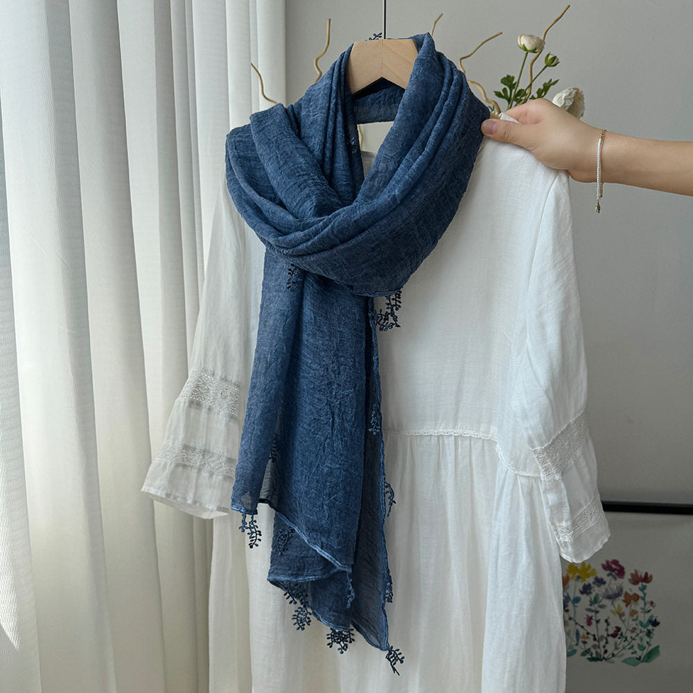 Elegant Blue Summer-Friendly Long Cotton Imported Hijab Finished With Hanging Leaves Tassel Fringes Along The Borders