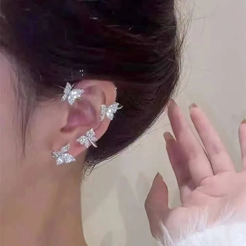 Sparkling Silver Color Butterfly  Crystal Flower Ear Cuff Without Piercing Clip Earrings ( 1 pair)