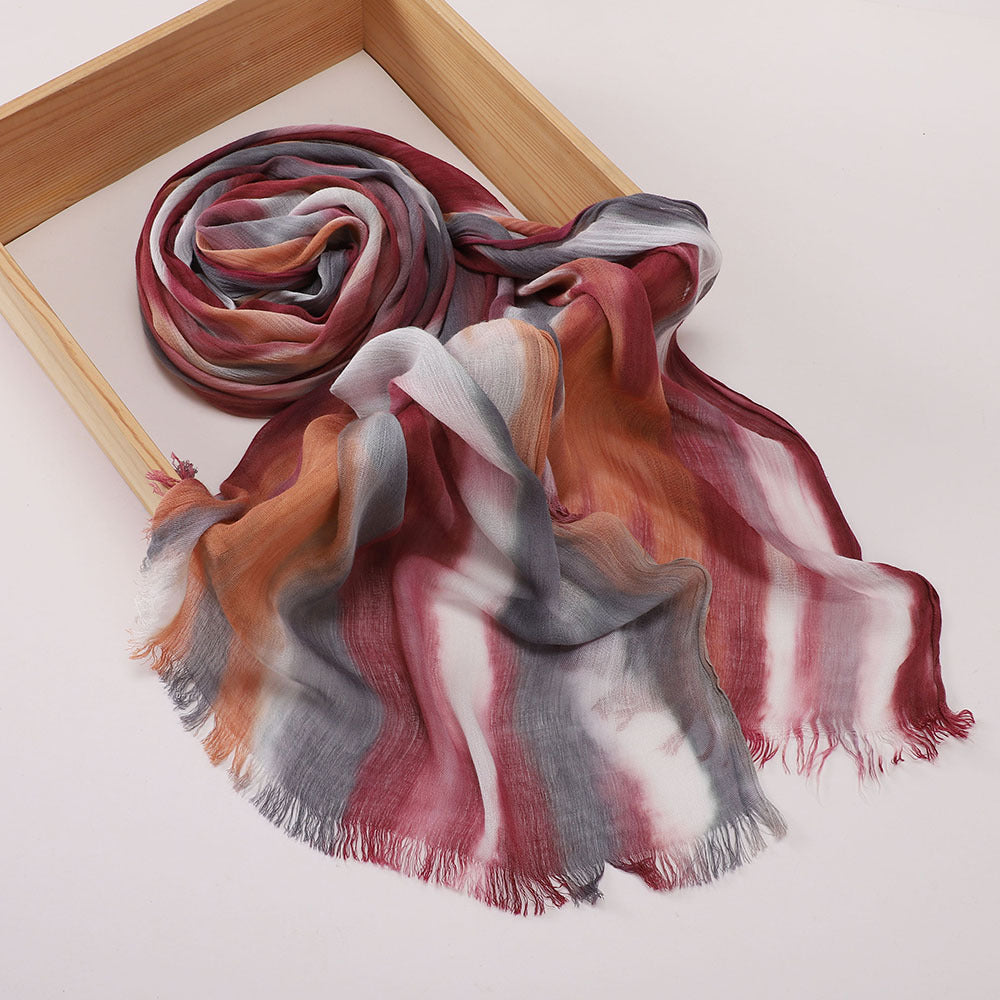 Gorgeous Burgundy Color High Quality Tudung Rayon Cotton Scarf Women Girl Ombre Striped Imported Long Crinkle Breathable Printed Hijab / Orna