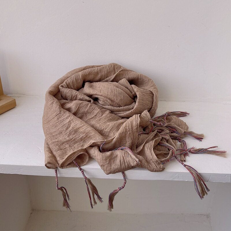 Elegant khaki colour winding tassel cotton hijab
