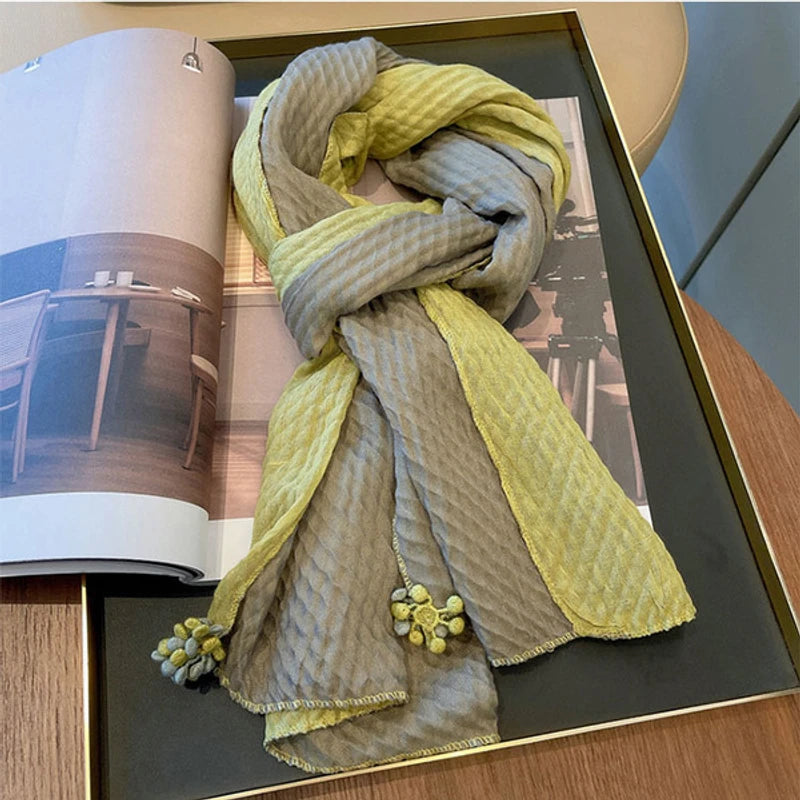 Italian yellow tasseled patchwork cozy cotton scarf
