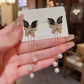 Elegant black color butterfly long tassel earrings
