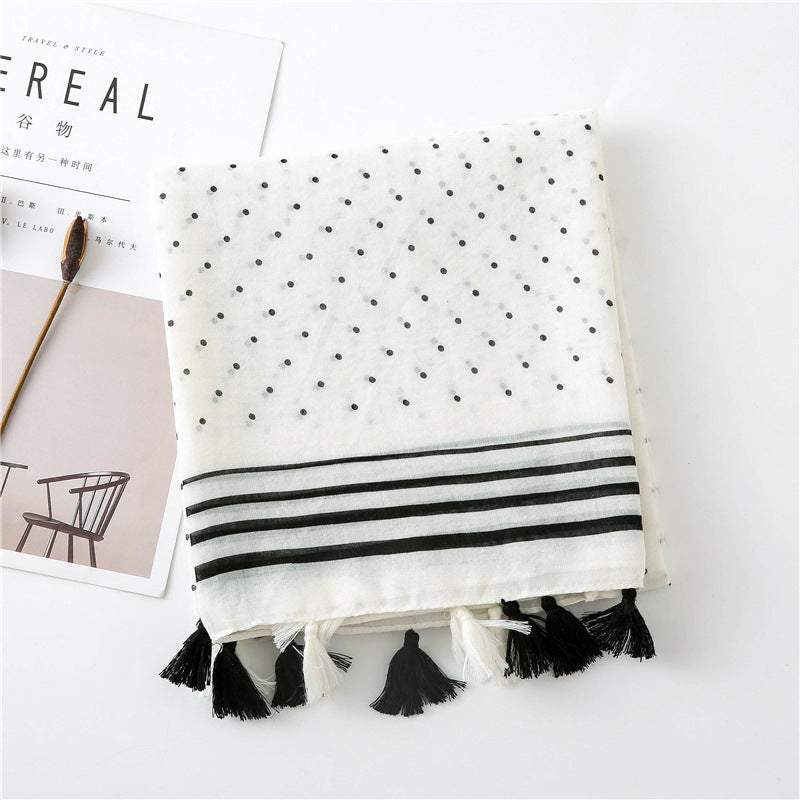 Sophisticated Off White Black Geometric Printed Long Soft Imported Summer Friendly Tassel Hijab / Orna