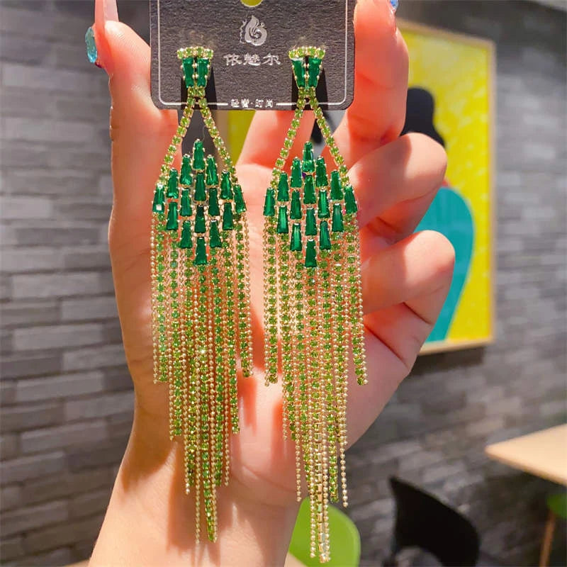 Elegant Green Colour Crystal Tassel Earrings