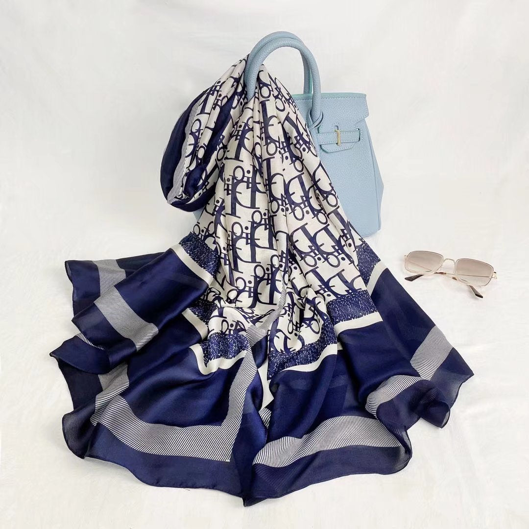 Elegant blue & off white mixed printed silk hijab / orna