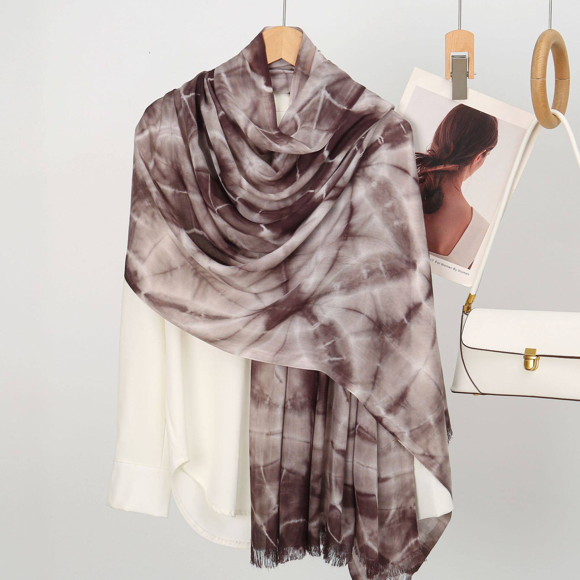 Fashionable Coffee Brown High Quality Tie-Dye Rayon Cotton Scarf Women Girl Ombre Striped Imported Long Crinkle Breathable Printed Hijab / Orna