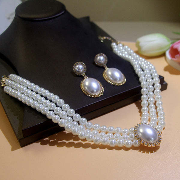Elegant Alloy Cross-Border Imitation Pearl Vintage Bridal Necklace French Dress Autumn Accessories Oval Pearl Necklace Earring Set