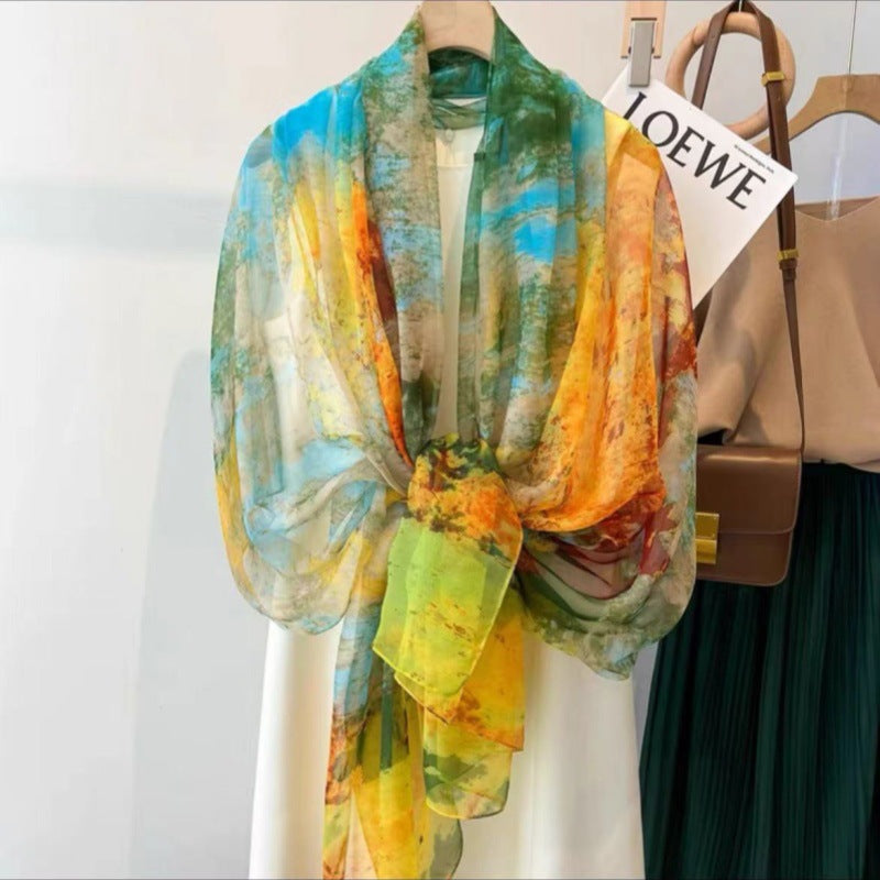 Multicoloured abstract printed long silk scarf