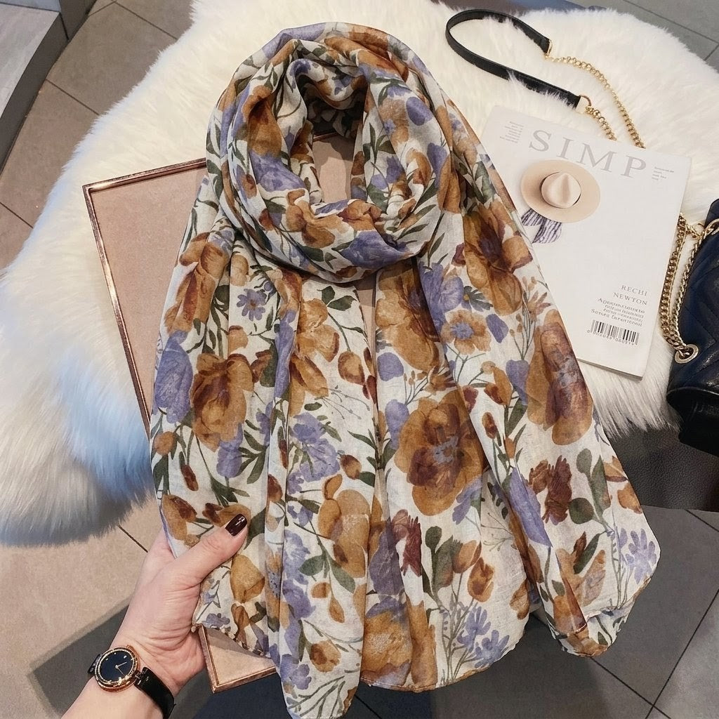 Classy Coffee Color Floral Patterned Soft Lightweight Long Hijab / Orna