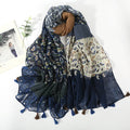 Elegant Navy Blue Floral Printed Super Soft Long Summer Friendly Tassel Hijab / Orna