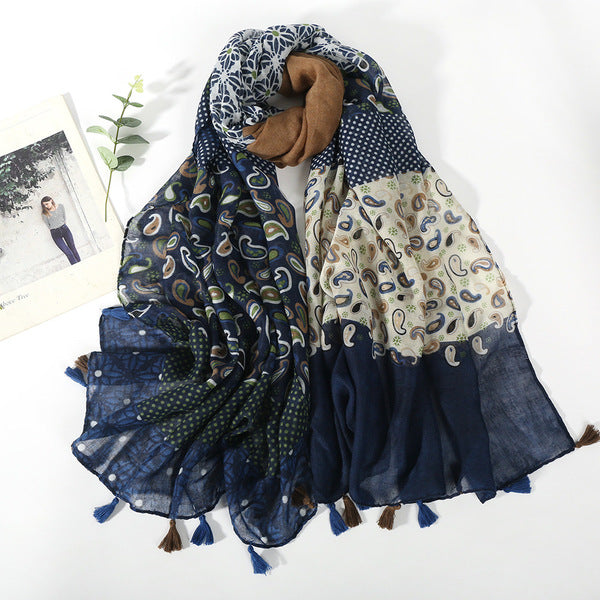 Elegant Navy Blue Floral Printed Super Soft Long Summer Friendly Tassel Hijab / Orna