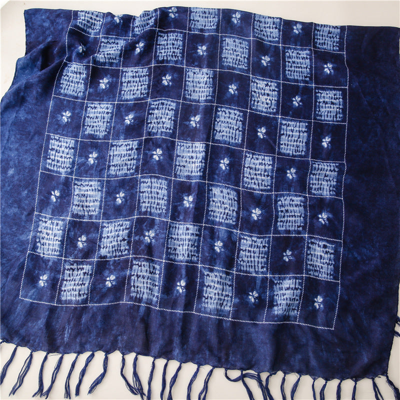 Ethnic Tie-Dye Style Buckle Women's Travel Sun Protection Yunnan Blue and White Literature Art Chinese Scarf / Hijab