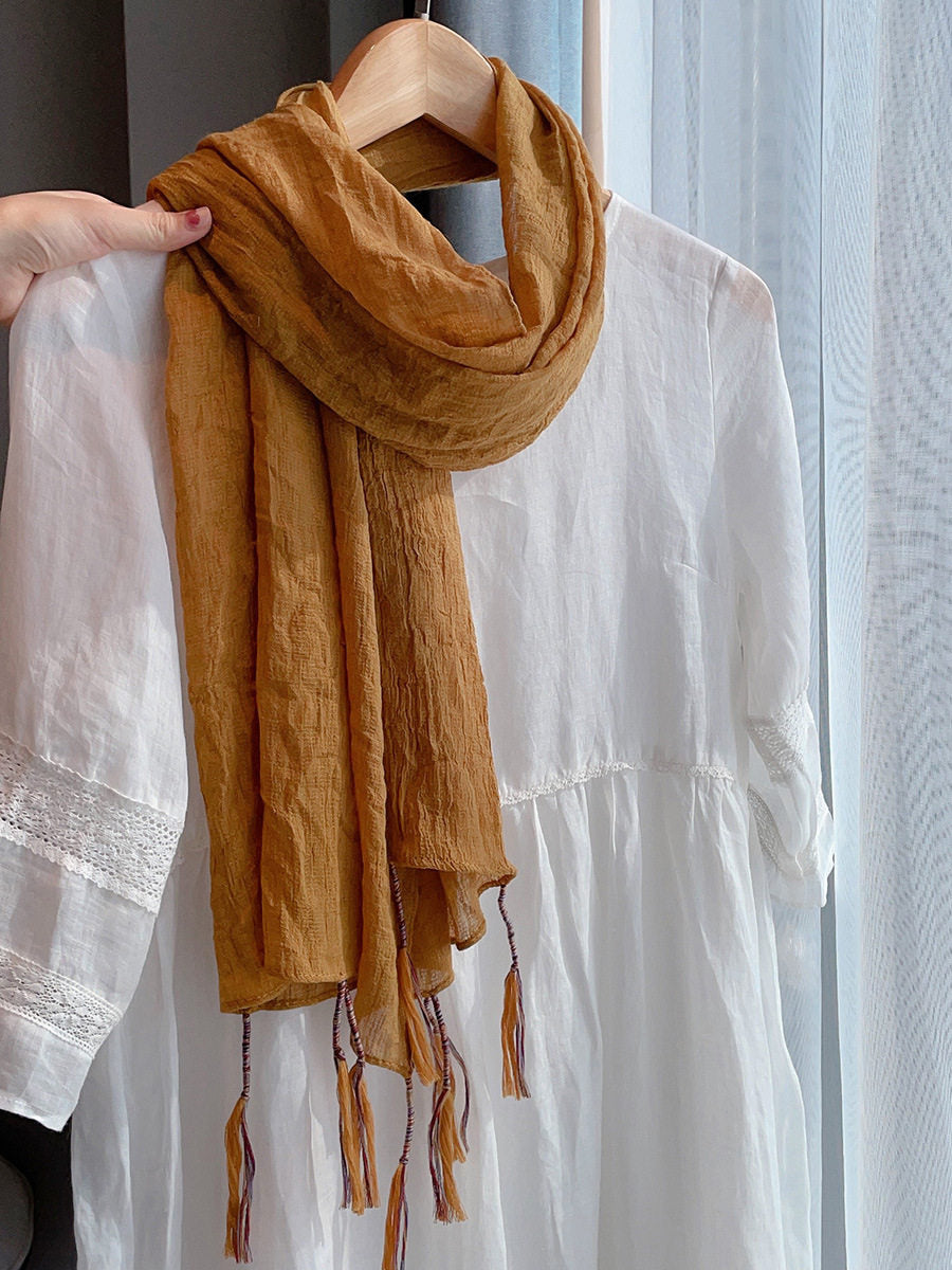 Mustard Yellow Color Classy Winding Tassel Cotton Hijab/Orna