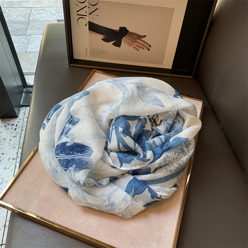 Stylish Blue White Floral Printed Long Soft Imported Summer Friendly Tassel Hijab / Orna
