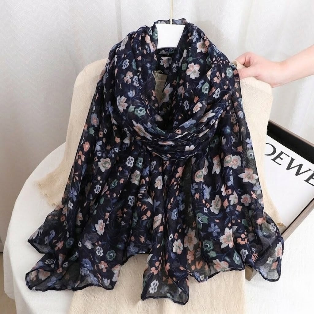 Elegant Navy Blue Floral Printed Soft Lightweight Long Hijab / Orna