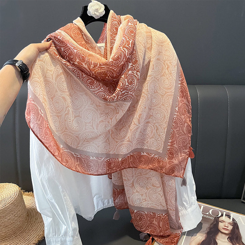 Sophisticated Ivory Paisely Printed Imported Tassel Long Summer Friendly Hijab / Orna