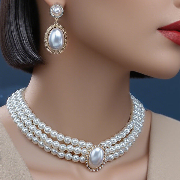 Elegant Alloy Cross-Border Imitation Pearl Vintage Bridal Necklace French Dress Autumn Accessories Oval Pearl Necklace Earring Set