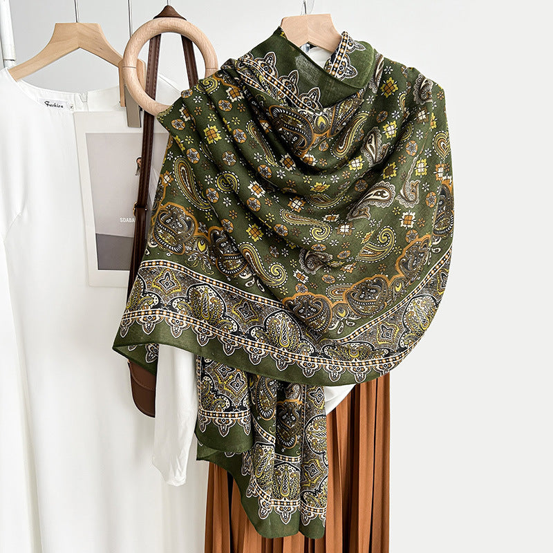 Dark olive paisley printed soft viscose  hijab / orna