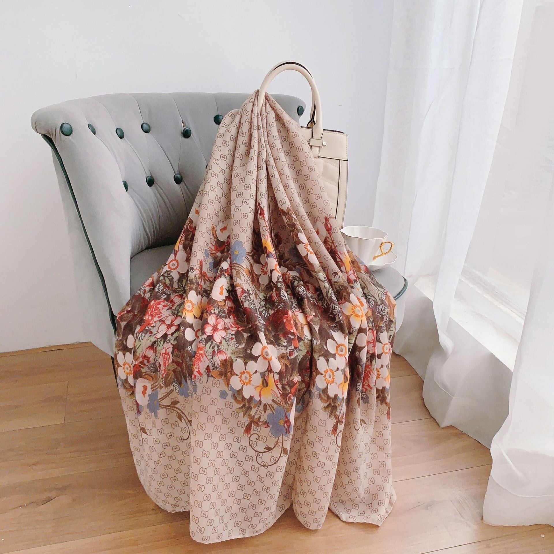 Beautiful Beige Color Printed Imported Summer Friendly Hijab /Orna