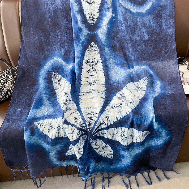 Ethnic Tie-Dye Style Buckle Women's Travel Sun Protection Yunnan Blue and White Literature Art Chinese Big Size Scarf / Hijab