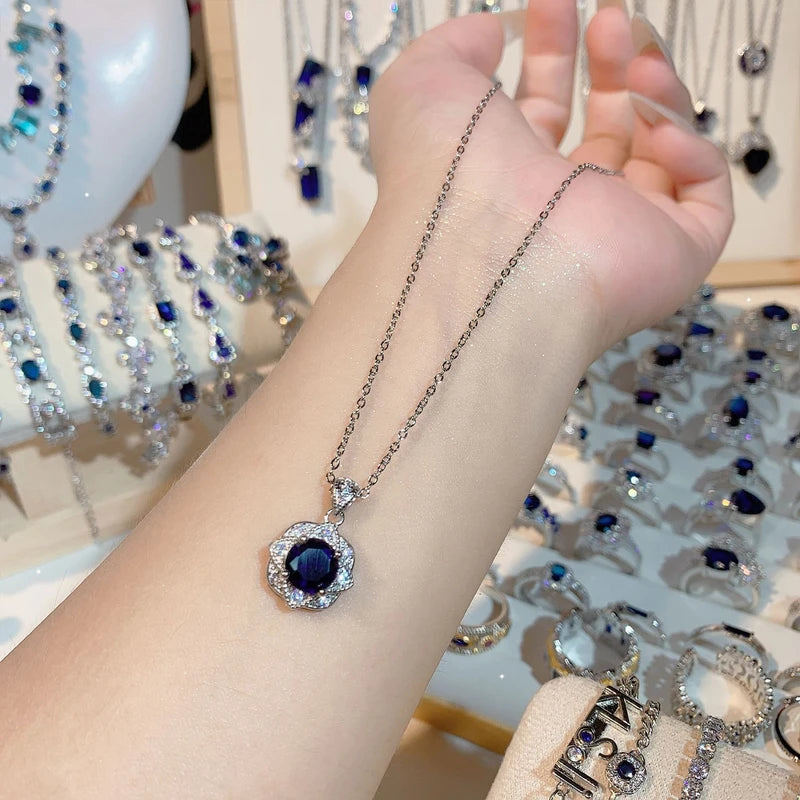 Elegant Deep Blue Cubic Zirconia Floral Shaped Necklace
