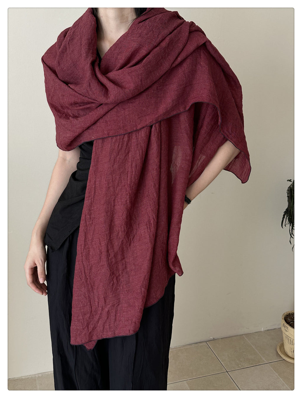 Gorgeous Wine Red Japanese-Style Imported Summer Friendly Long Wrinkled Cotton Hijab / Orna