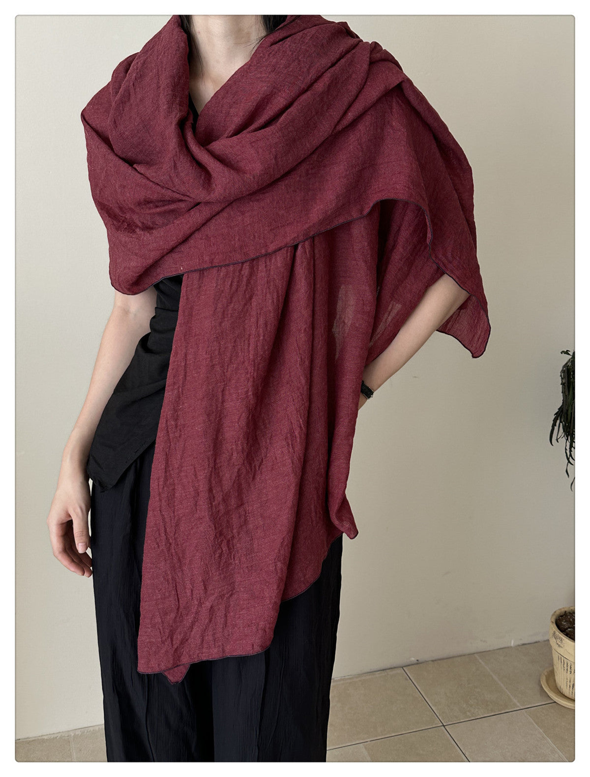 Gorgeous Wine Red Japanese-Style Imported Summer Friendly Long Wrinkled Cotton Hijab / Orna