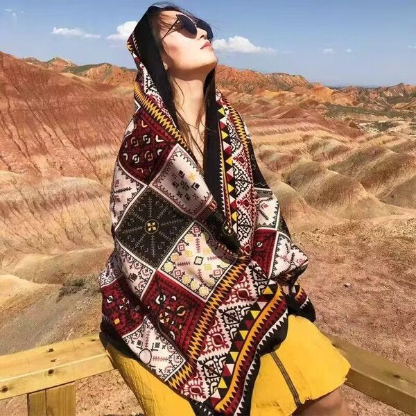 Classy Coffee Color Ethnic Style Printed Long Tassel Hijab / Orna