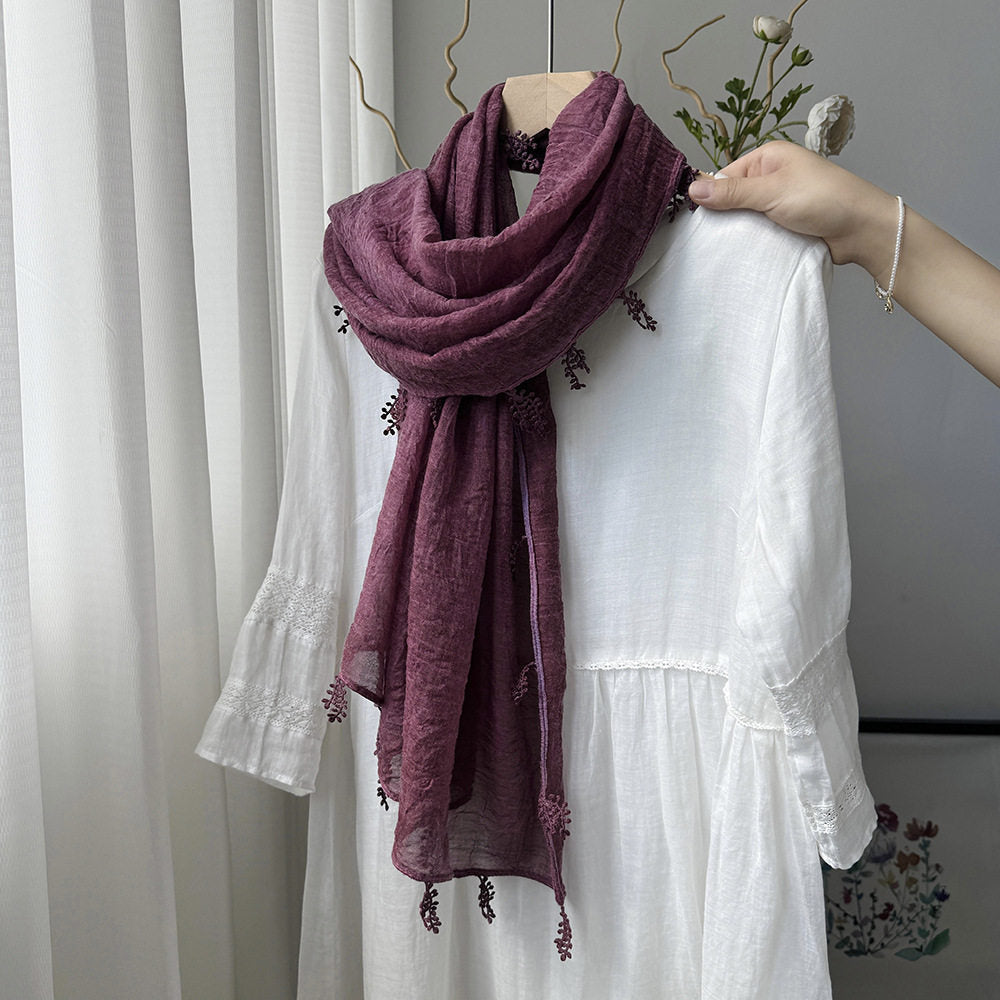 Stylish Rose Purple Summer-Friendly Long Cotton Imported Hijab Finished With Hanging Leaves Tassel Fringes Along The Borders