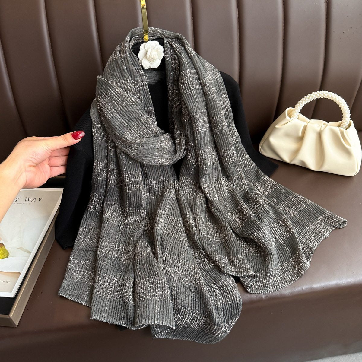 Fashionable Grey Color Imported Double-Sided Plaid Cotton Scarf with Gold Thread Decorative Casual Versatile Striped