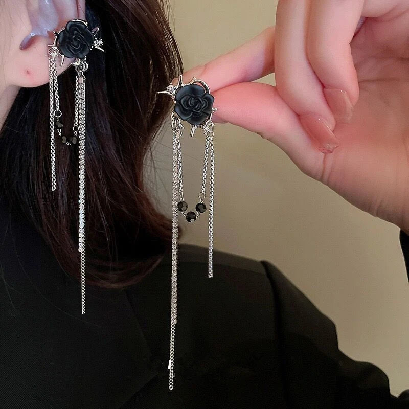 Elegant black rose tassel earrings
