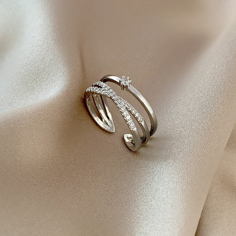 Stunning Korean Style High Quality  Exquisite Zircon Ring Ring Women's Opening Adjustable Dieting Finger Ring Light Luxury Niche Personalized Design Imported Adjustable Silver Cross Ring