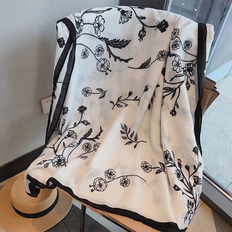 Beautiful Black & White Color Imported Summer Friendly Floral Printed Long Hijab / Orna