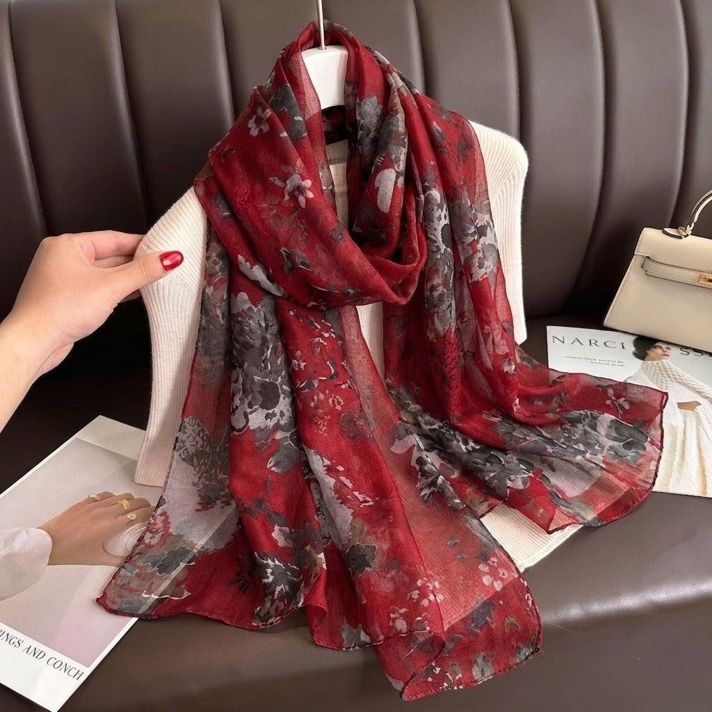 Gorgeous Burgundy Floral Printed Soft Lightweight Long Hijab / Orna