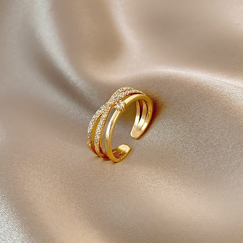 Stylish High Quality Korean Style Exquisite Zircon Ring Ring Women's Opening Adjustable Dieting Finger Ring Light Luxury Niche Personalized Design Imported Adjustable Golden Cross Ring