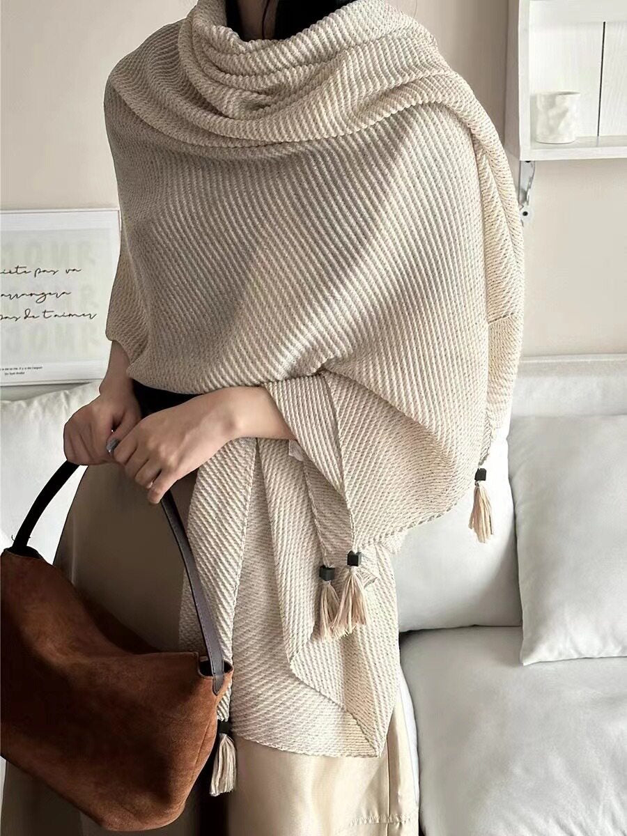 Sophisticated Apricot Color Literary Style Retro High-end Japanese and Korean Women's Creative Fashion Pleated Hanging Imported Wooden Bead Pendant Cotton Hijab / Orna