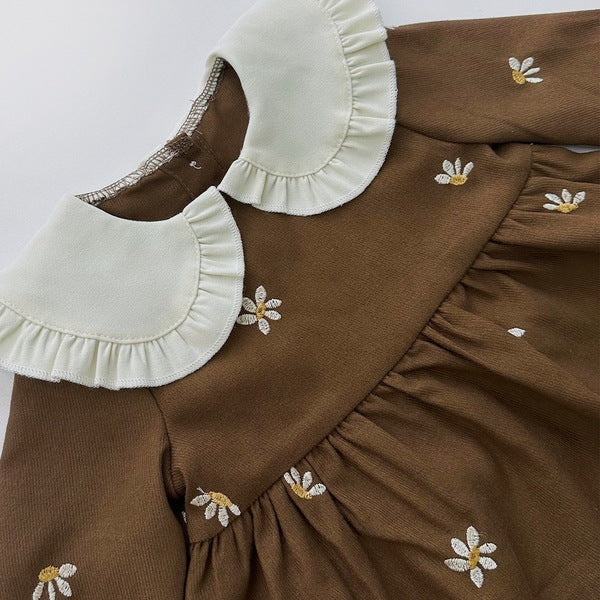 Imported Baby Girl Flower Embroidered Brown Color Lapel New Baby Girl Long-Sleeved Pullover Princess Dress