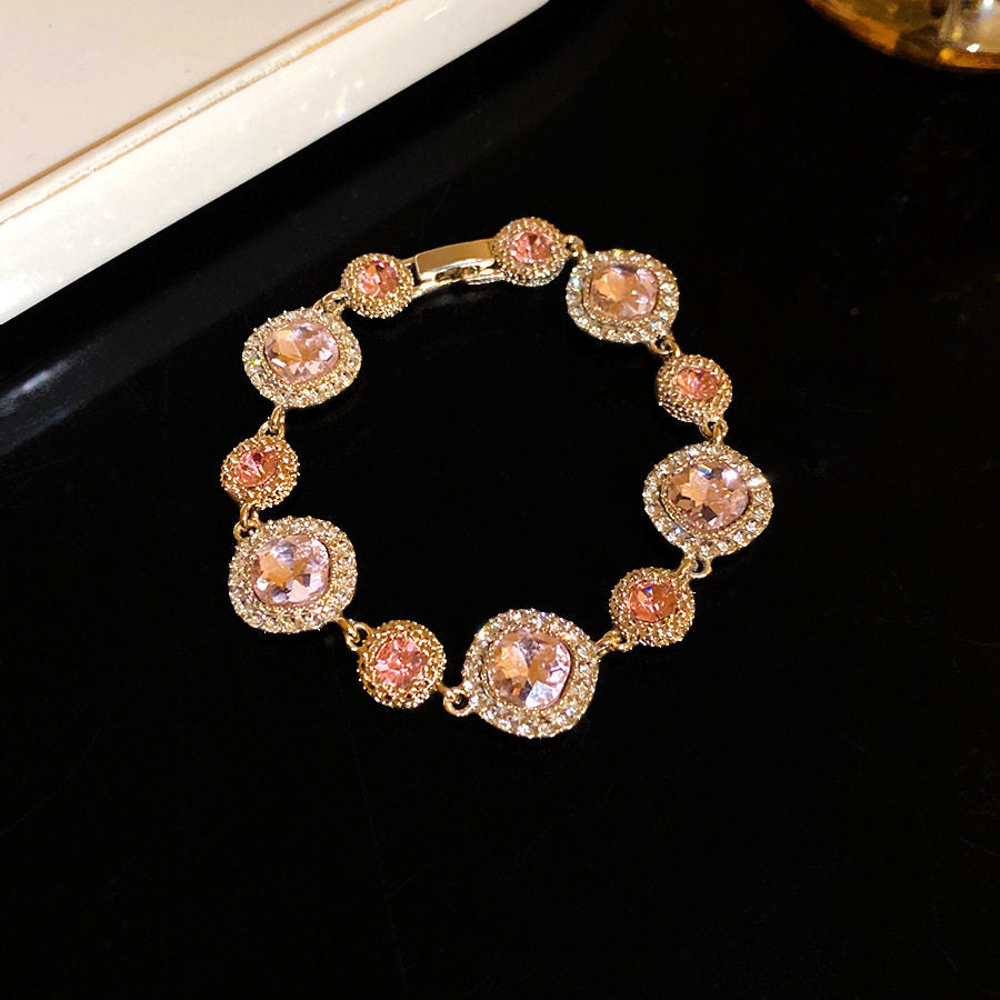 Pretty Dopamine Diamond-Encrusted Square Geometric Buckle Gold-Pink Imported Light Luxury and High-End Bracelet